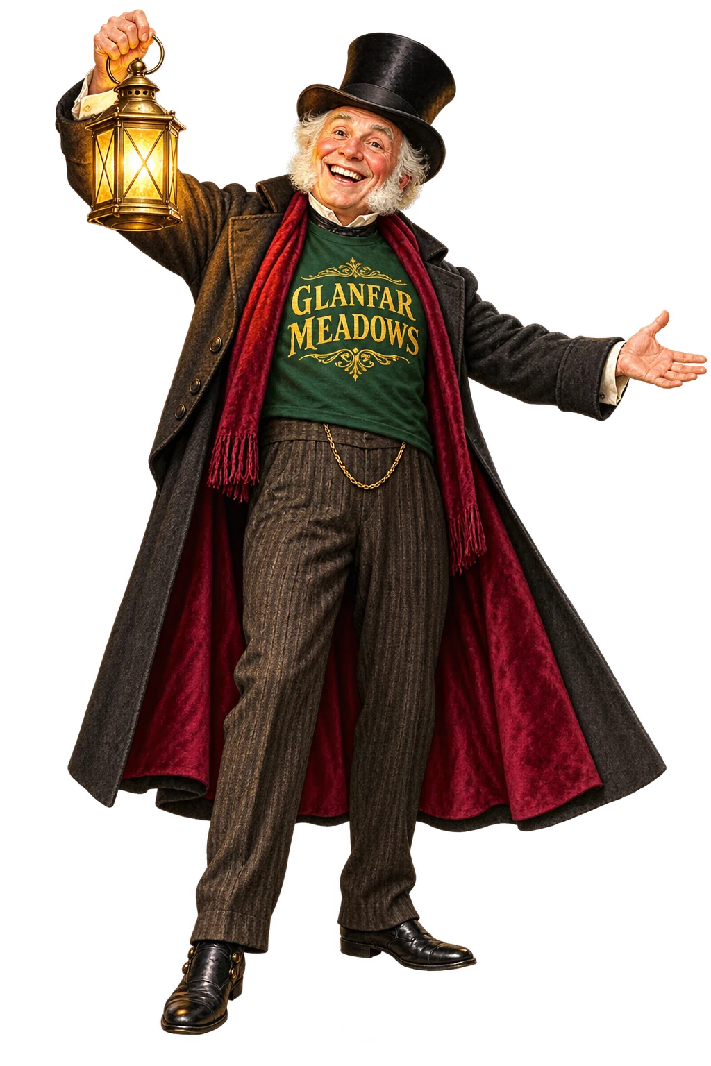A jubilant Ebenezer in a Victorian coat and Glanfar Meadows T-shirt, raising a glowing brass lantern